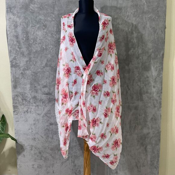 Torrid Floral Scarf Wrap pink/white Delicate lace trim multifunctional - Picture 6 of 7